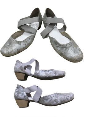 Rieker Silver Floral-Textured Cross-Strap Low Heel Shoes S9.5